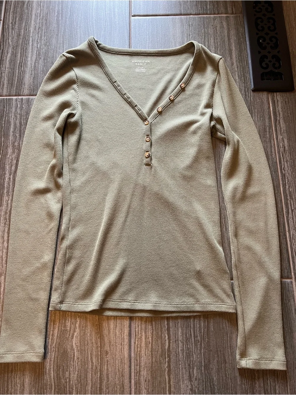 American Eagle Outfitters Olive V-Neck Waffle-Knit Button Sweater